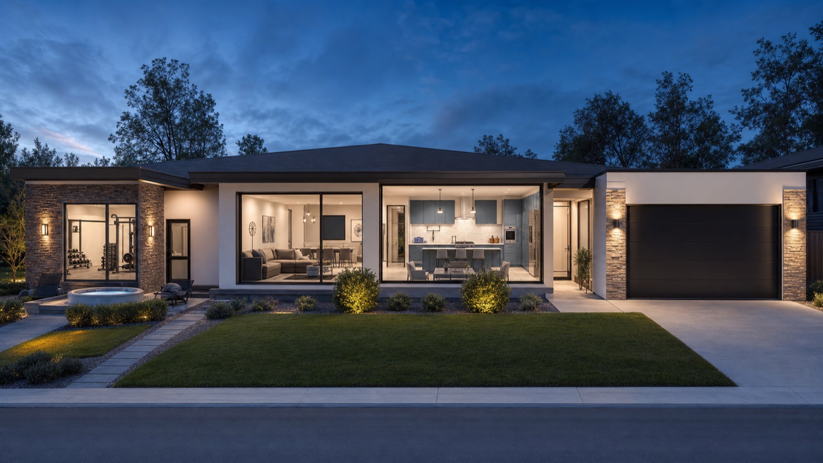 AI visualization of House 01 at dusk, showing its one-story form, stone accents, open living spaces, and right-side garage.